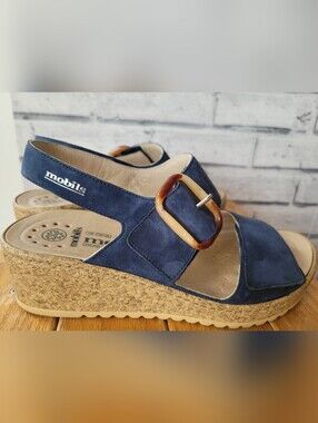 Mobils by Mephisto Ergonomic Navy Leather Wedge Sandals EU 39